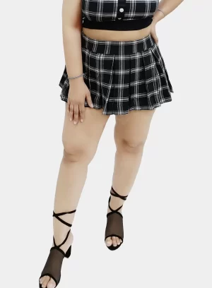 Black Mini Plaid Pleated Micro Skirt