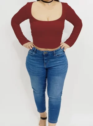 Sexy Scoop Neck Long Sleeves Crop Top