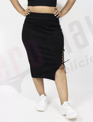 Black Rib Fitted Bodycon Slit Skirt